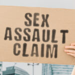 The phrase " Sex assault claim " on a banner in hand. Jacobs Injury Law